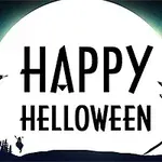 Stor fullmåne med texten Happy Helloween, silhuetter av hus, träd och fåglar i förgrunden