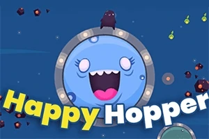 En glad animation av ett blått, leende ansikte med texten Happy Hopper och små svarta varelser samt färgglada föremål mot en blå bakgrund