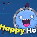 En glad animation av ett blått, leende ansikte med texten Happy Hopper och små svarta varelser samt färgglada föremål mot en blå bakgrund