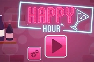 Neonskylt med texten HAPPY HOUR och en cocktailglasillustration, samt två ikonknappar framför en bakgrund med vinflaskor och glas