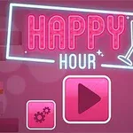 Neonskylt med texten HAPPY HOUR och en cocktailglasillustration, samt två ikonknappar framför en bakgrund med vinflaskor och glas