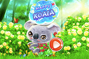 En tecknad koala med blommor runt omkring och en stor spelknapp i en solig trädgårdsmiljö