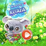 En tecknad koala med blommor runt omkring och en stor spelknapp i en solig trädgårdsmiljö