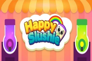 Färgglad tecknad logotyp för Happy Slushie med två dryckesmaskiner och en regnbåge