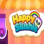 Färgglad tecknad logotyp för Happy Slushie med två dryckesmaskiner och en regnbåge