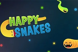 Texten Happy Snakes med färgglada, leende ormar och lysande prickar på en mörk bakgrund
