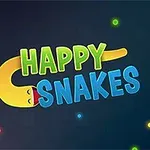 Texten Happy Snakes med färgglada, leende ormar och lysande prickar på en mörk bakgrund