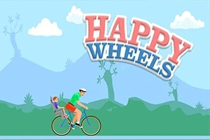 Happy Wheels En tecknad man cyklar med ett barn i en barnstol framför en himmel med texten HAPPY WHEELS ovanför
