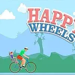 Happy Wheels En tecknad man cyklar med ett barn i en barnstol framför en himmel med texten HAPPY WHEELS ovanför