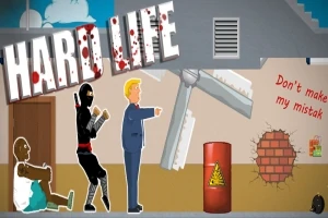 En tecknad scen med en ninja, en man i kostym som går, en sittande man på marken, ett farligt hinder och texten HARD LIFE och Dont make my mistake på väggen