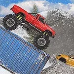 En röd monstertruck kör över en blå container medan en gul bil är delvis täckt av snö i en vinterlandskap