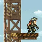En tecknad figur i militärkläder och hatt står på en plattform bredvid en hög metallstruktur mot en himmel med moln