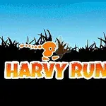 En orange figur springer framför skuggor av gräs med texten Harvy Runner nedanför