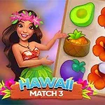 Kvinna i hawaiiansk dräkt bredvid ett pussel med tropiska frukter och blommor
