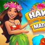 Kvinna i hawaiiansk klädsel med blomsterkrans, bredvid färgglad skylt med texten Hawaii Match 4