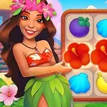 Kvinna med blomsterkrans och klänning av blommor och blad pekar på ett spelbräde med frukter och blommor