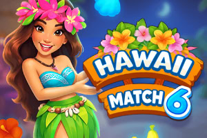 Leende hawaiiansk kvinna i blommig krans och grön kjol bredvid färgglad text med Hawaii-tema