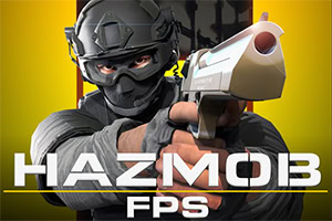 En soldat med hjälm och skyddsmask siktar med en pistol mot betraktaren, med texten Hazmob FPS under honom