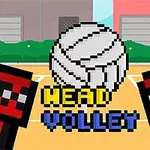 Två pixelgrafikfigurer med röda huvuden tittar mot varandra runt en volleyboll, med texten head volley i mitten