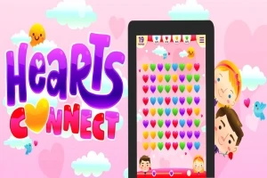 Färgglada hjärtan på en rosa bakgrund med moln, en digital skärm med spel och tecknade figurer vid sidan