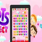 Färgglada hjärtan på en rosa bakgrund med moln, en digital skärm med spel och tecknade figurer vid sidan