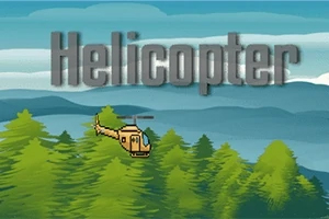 En pixelart-helikopter flyger över en skog med blå berg i bakgrunden och ordet Helicopter visas stort ovanför
