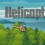 En pixelart-helikopter flyger över en skog med blå berg i bakgrunden och ordet Helicopter visas stort ovanför