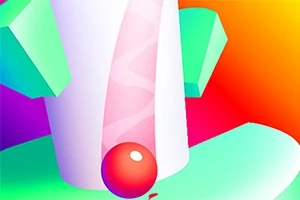 Färgglad abstrakt bild med en röd boll mot en bakgrund av mjuka geometriska former och gradientfärger