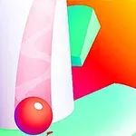 Färgglad abstrakt bild med en röd boll mot en bakgrund av mjuka geometriska former och gradientfärger