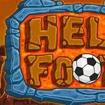 Stenplatta med texten Hell Footy i orange bokstäver, omgiven av blå stenar och en dödskalle, med en fotboll i mitten