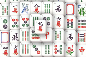 Flera mahjongbrickor med olika symboler, färger och mönster i ett rutnät