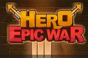Texten Hero Epic War i gult och rött med korsade svärd på en stenbakgrund