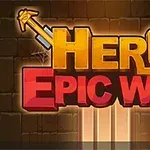 Texten Hero Epic War i gult och rött med korsade svärd på en stenbakgrund