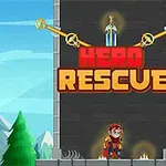 En tecknad figur i hjälm och rustning står framför en mur med texten Hero Rescue, omgiven av berg och blå himmel i bakgrunden