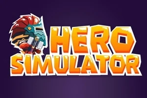 Texten Hero Simulator i orange och gul, med en stiliserad hjälm och ett svärd i bakgrunden, på en mörklila bakgrund