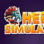 Texten Hero Simulator i orange och gul, med en stiliserad hjälm och ett svärd i bakgrunden, på en mörklila bakgrund