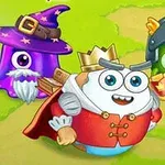 Tre tecknade figurer klädda som kung, riddare och trollkarl står på en grön bakgrund