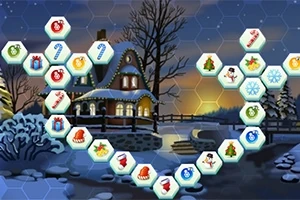 Snöklätt vinterlandskap med ett upplyst stuga och hexagonala brickor med jultema mot en kvällshimmel