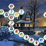 Snöklätt vinterlandskap med ett upplyst stuga och hexagonala brickor med jultema mot en kvällshimmel