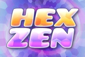 Texten HEX ZEN i stora, färgglada bokstäver mot en bakgrund av hexagonala mönster