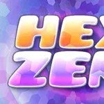 Texten HEX ZEN i stora, färgglada bokstäver mot en bakgrund av hexagonala mönster
