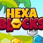 Tecknad bild med texten Hexa Blocks i stora bokstäver, omgiven av färgglada hexagoner med ansikten och en bakgrund med träd och himmel