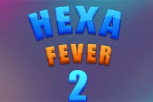 Texten Hexa Fever 2 i blå och orange färg mot en dimgrå bakgrund