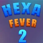 Texten Hexa Fever 2 i blå och orange färg mot en dimgrå bakgrund