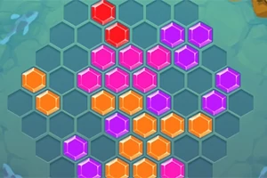 Färgade hexagonbrickor i rött, rosa, lila och orange arrangerade på ett hexagonalt rutnät