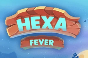 Texten Hexa Fever i stora färgglada bokstäver mot en blå bakgrund med himmelsmotiv