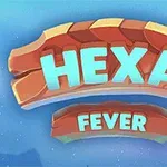 Texten Hexa Fever i stora färgglada bokstäver mot en blå bakgrund med himmelsmotiv