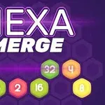 Texten Hexa Merge med färgglada numrerade hexagoner på en lila bakgrund