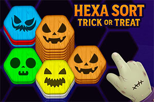 Färgglada hexagonplattor med jack-o-lantern-ansikten och en tecknad zombiehand mot en mörk bakgrund med texten Hexa Sort Trick or Treat