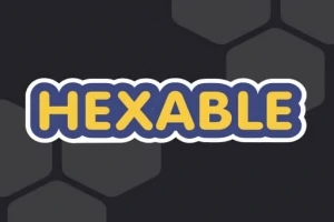 Texten HEXABLE i gula bokstäver på en mörk bakgrund med hexagonmönster